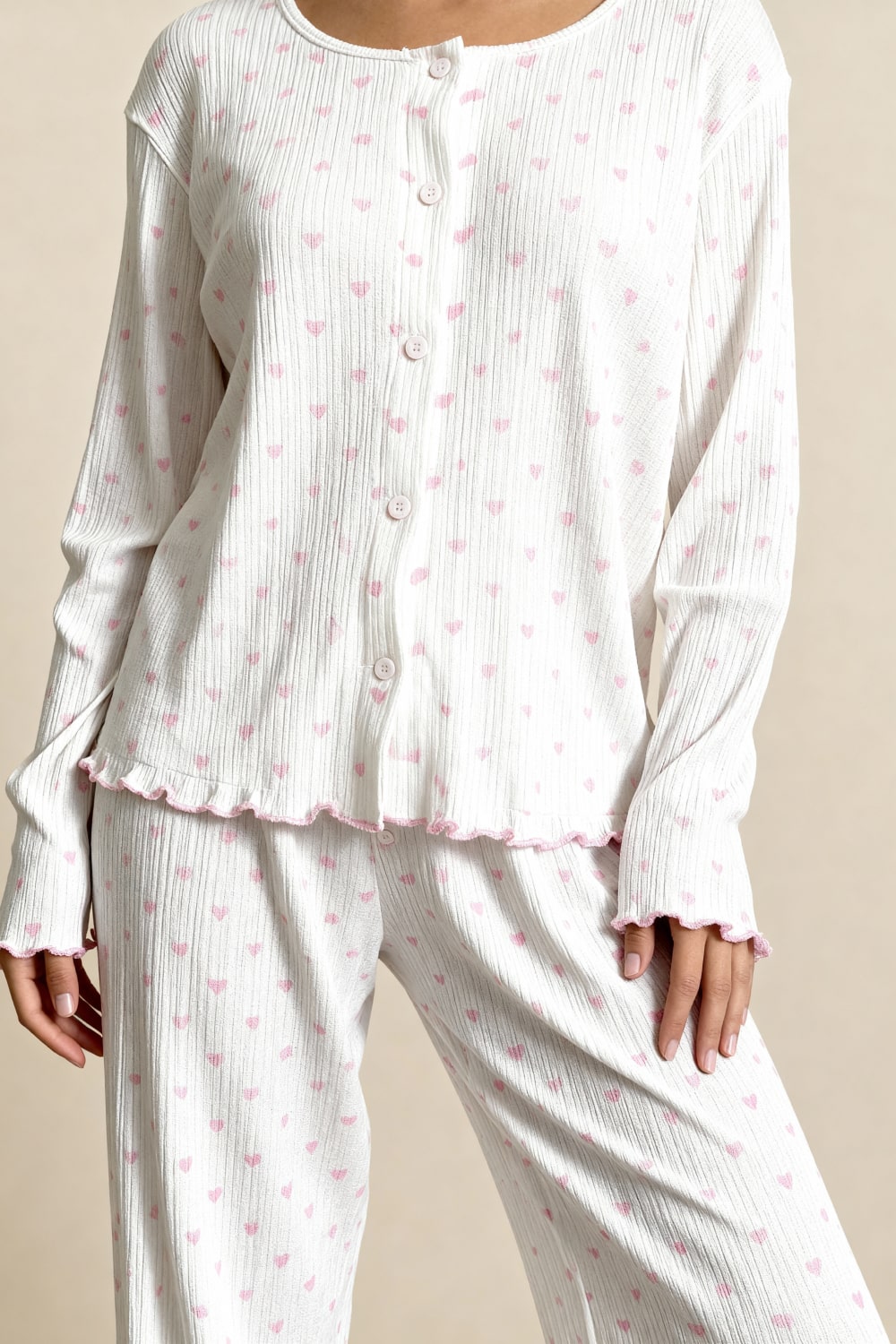 Annelis, ekru-pembe kalp desenli 2 parçalı pijama — ön görünüm