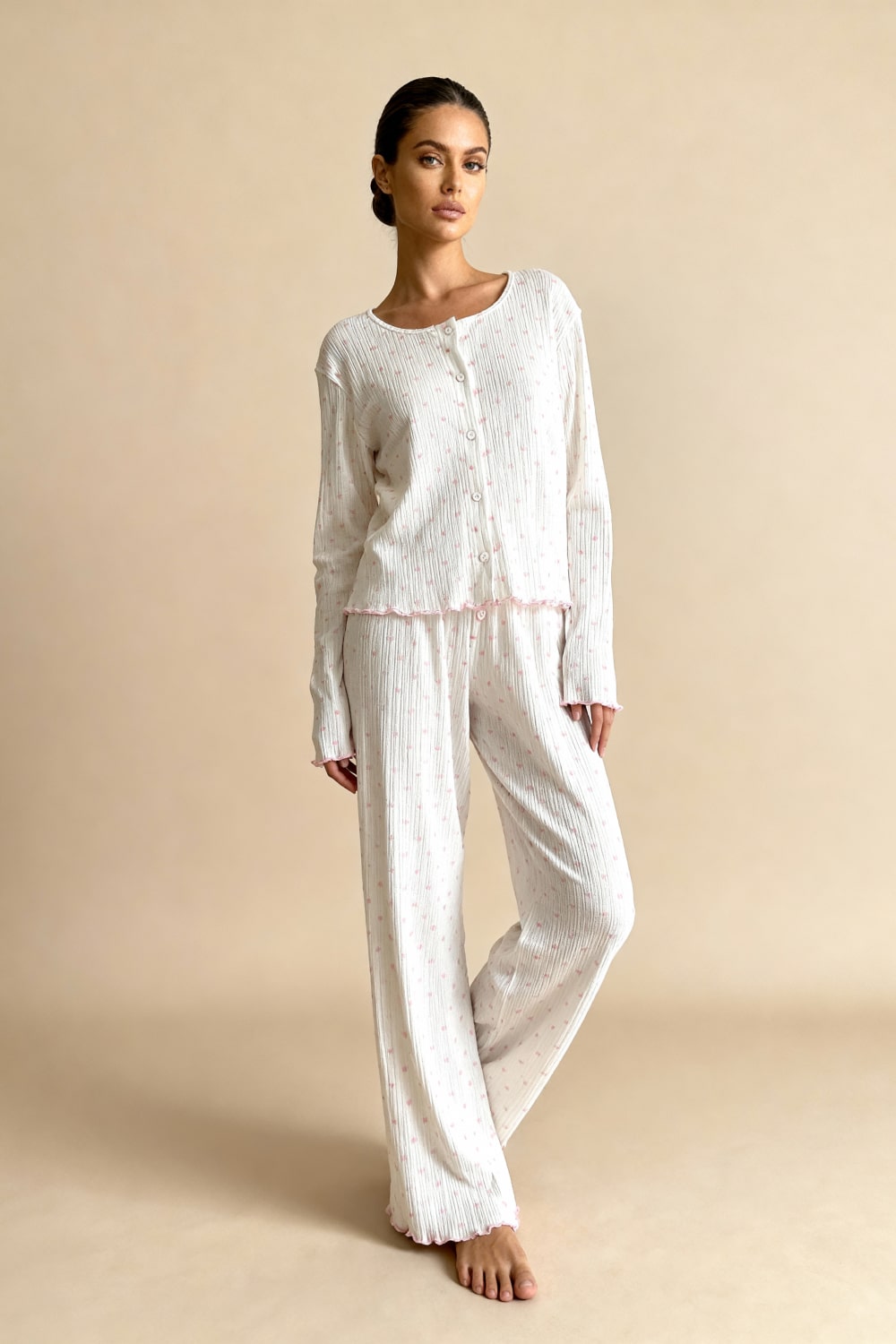 Annelis, ekru-pembe kalp desenli 2 parçalı pijama — ürün görünümü 5