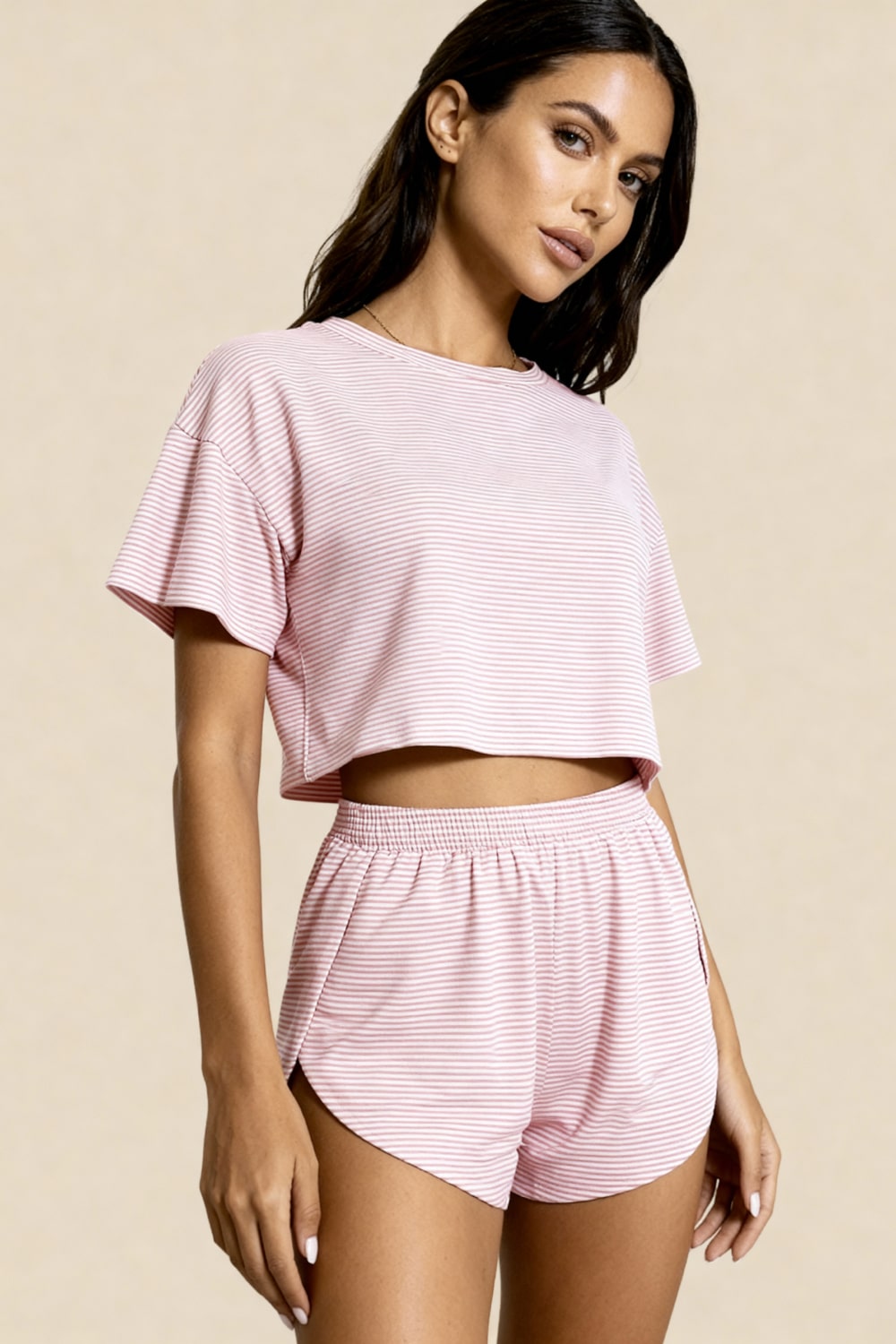 Milena, pembe-beyaz çizgili 2 parçalı şortlu pijama — ürün görünümü 3