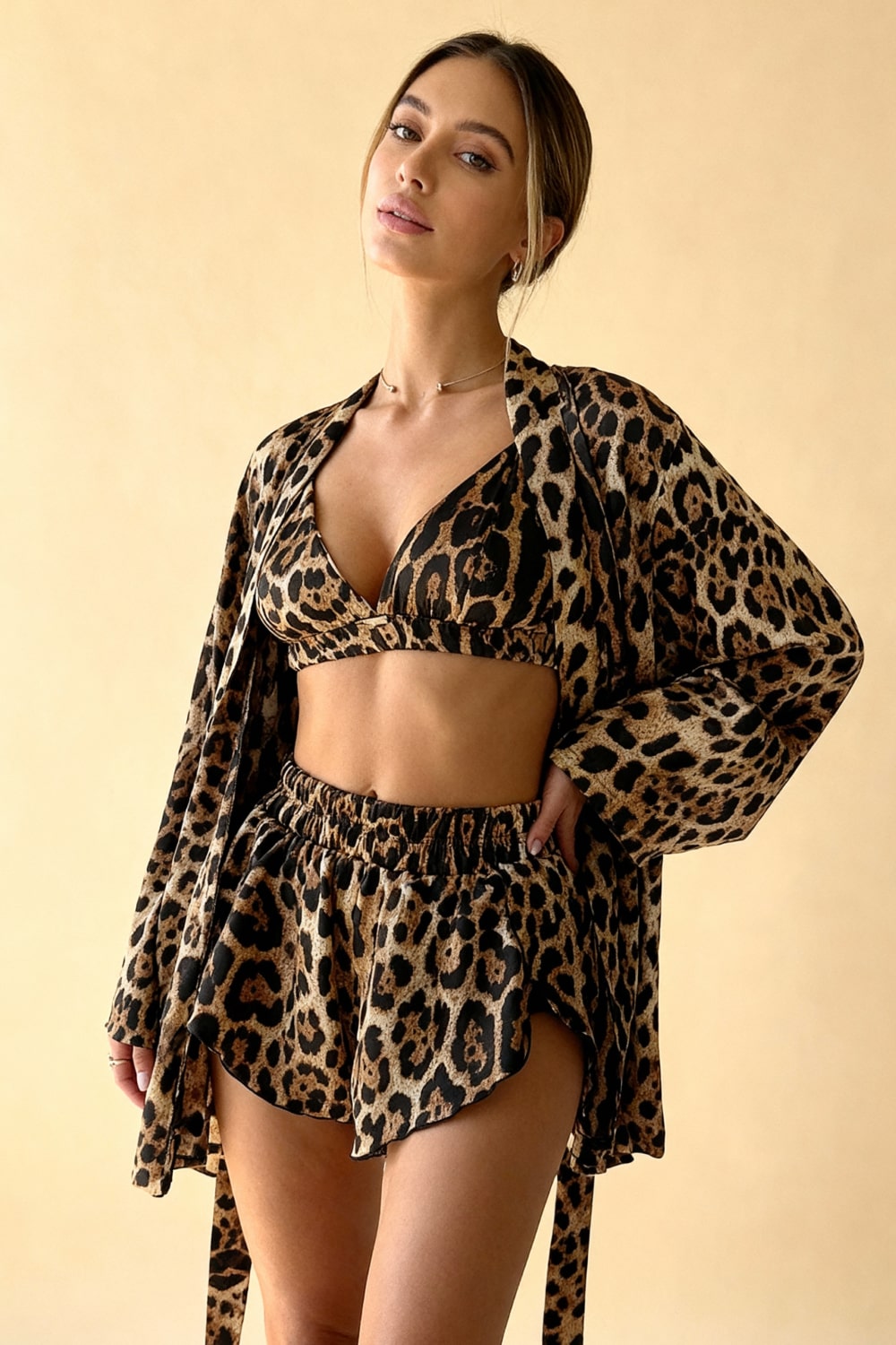 Zoraida, leopar leopar 3 parçalı pijama takımı — ön görünüm